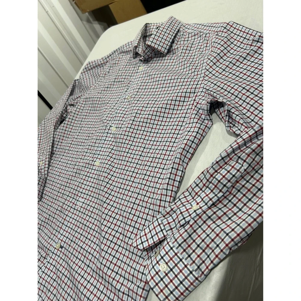 Banana Republic Camden Fit Shirt Mens Medium Red‎ Navy Check Iron Cotton Stretch